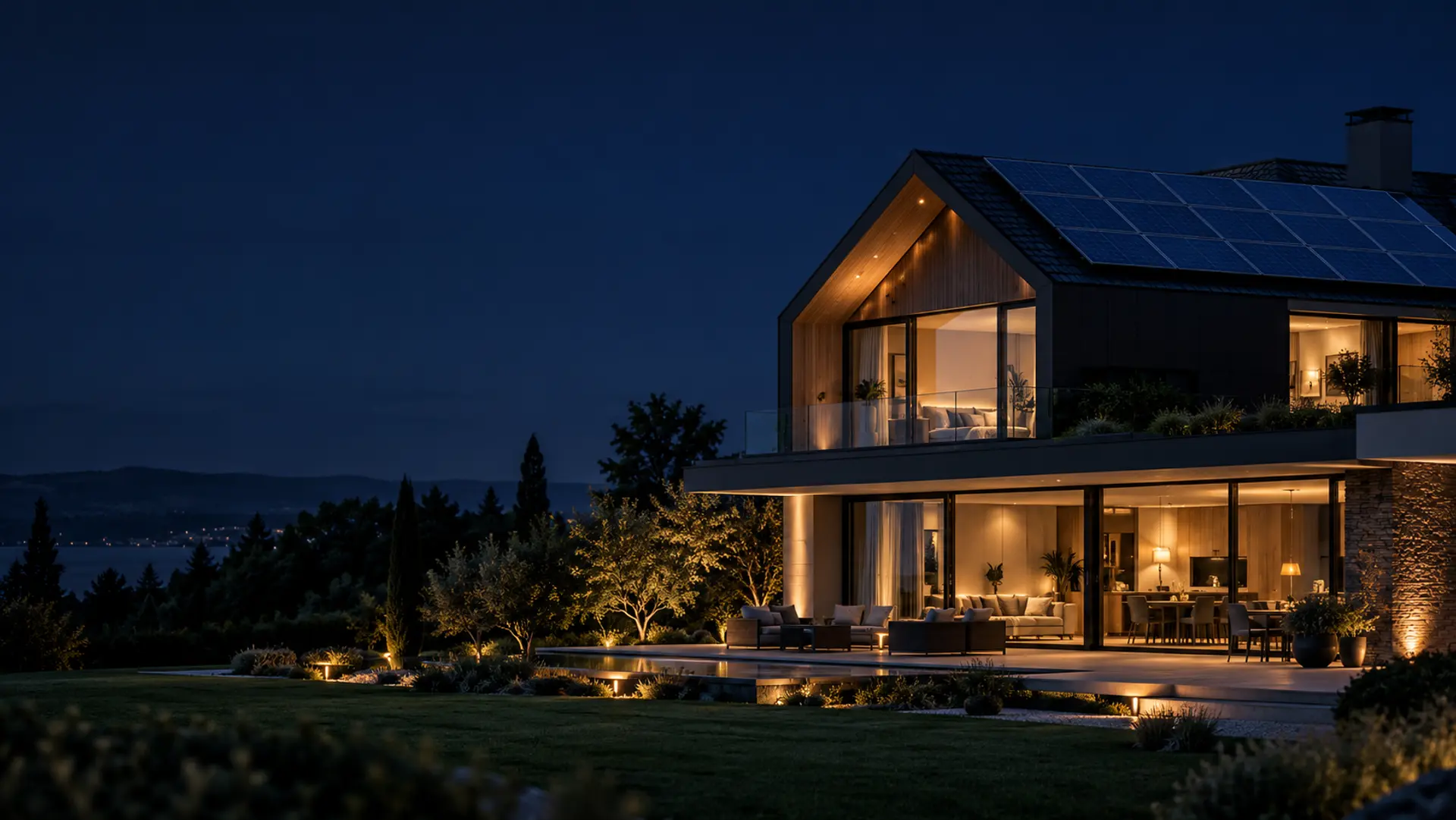 Modernes Einfamilienhaus mit Photovoltaik zur blauen Stunde (KI-generiertes Symbolbild)