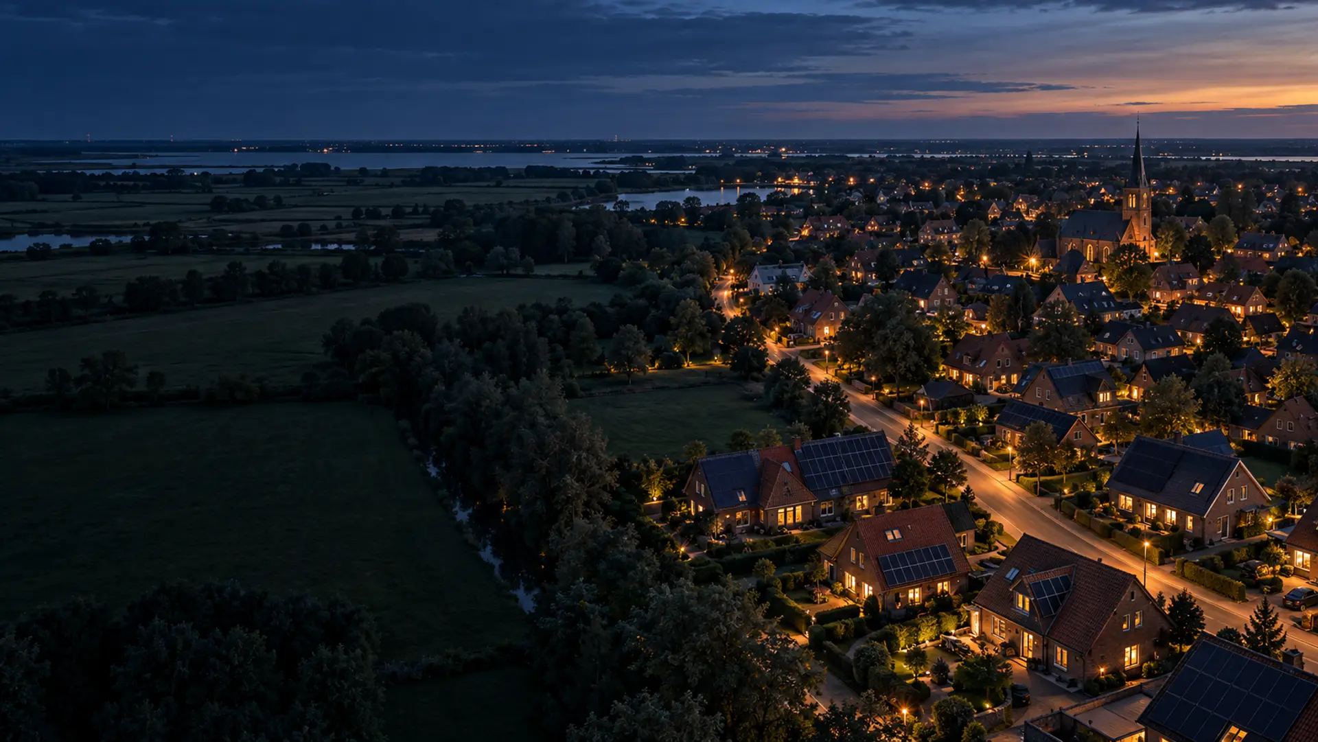 Norddeutsche Kleinstadt mit Photovoltaik-Dächern in der blauen Stunde (KI-generiertes Symbolbild)