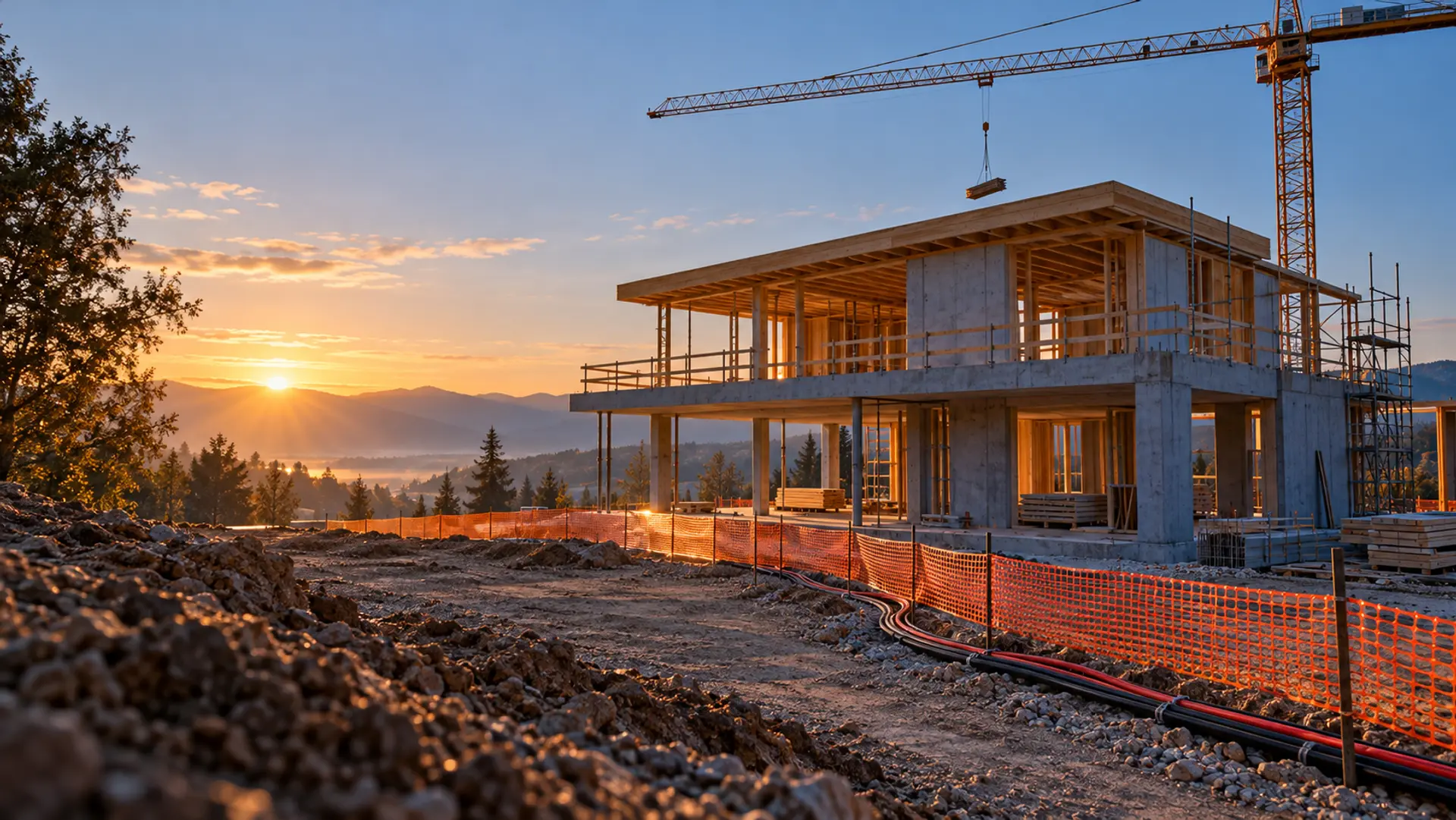 Baustelle mit Kran bei Sonnenaufgang (KI-generiertes Symbolbild)